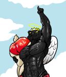 abeybubble ambiguous_gender anthro black_body clothing duo feathered_wings feathers felid halo hi_res jaguar king_magnum male male/male mammal muscular muscular_male pantherine red_clothing wings