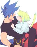  2boys androgynous animal_ears armband ascot belt black_belt black_pants black_shirt blue_eyes blue_hair blush buzz_cut cat_boy cat_ears cat_tail commentary_request dog_boy dog_ears dog_tail fangs firefighter frown galo_thymos green_hair highres kome_1022 lio_fotia long_sleeves looking_at_another male_focus multicolored_eyes multiple_boys open_mouth orange_eyes pants pink_eyes promare red_pants shirt short_hair short_sleeves sidelocks simple_background sitting sitting_on_person sweatdrop tail very_short_hair white_background white_shirt yaoi 