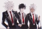  3boys absurdres amakusa_shirou_(fate) bag black_hair black_jacket blazer blue_eyes chromatic_aberration collared_shirt commentary_request dark-skinned_male dark_skin earrings edmond_dantes_(fate) elaine-didaea fate/grand_order fate_(series) fujimaru_ritsuka_(male) hand_in_pocket highres holding holding_bag jacket jewelry long_sleeves looking_at_another male_focus multiple_boys necktie official_alternate_costume open_clothes open_jacket parted_lips red_necktie school_bag school_uniform shirt short_hair simple_background smile white_background white_hair white_shirt yellow_eyes 