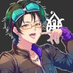  1boy 24mbb black_hair glasses gnosia goggles green_hair jacket jewelry long_sleeves male_focus necklace sha-ming shirt short_hair smile solo tongue tongue_out upper_body zipper 