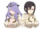  2girls absurdres black_hair black_tiara breasts camilla_(fire_emblem) cleavage fire_emblem fire_emblem_engage fire_emblem_fates fire_emblem_heroes gold_trim highres multiple_girls nel_(fire_emblem) red_eyes robe tak0baka tiara white_robe 