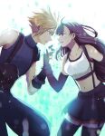  1boy 1girl 2na3ke armor baggy_pants black_gloves black_hair black_skirt black_thighhighs blonde_hair breasts cloud_strife commentary_request couple cowboy_shot crop_top earrings eye_contact final_fantasy final_fantasy_vii final_fantasy_vii_rebirth final_fantasy_vii_remake fingerless_gloves from_side gloves highres holding_hands interlocked_fingers jewelry light_particles long_hair looking_at_another medium_breasts midriff navel pants parted_lips profile short_hair shoulder_armor single_bare_shoulder single_earring skirt sleeveless sleeveless_turtleneck spiked_hair suspender_skirt suspenders sweater tank_top thighhighs tifa_lockhart turtleneck turtleneck_sweater white_tank_top zettai_ryouiki 
