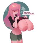 adventure_time areola big_areola big_breasts big_nipples blush bodily_fluids bottomwear bra breasts candy candy_people_(at) cartoon_network clothed clothing dabbledraws dessert dialogue female food food_creature hi_res huge_breasts humanoid hyper hyper_breasts living_candy living_gum midriff nipples not_furry partially_clothed pink_areola pink_nipples princess_bubblegum shirt shorts slim solo speech_bubble sweat t-shirt topwear undersized_clothing underwear