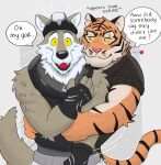 anthro blush canid canine canis duo english_text epic_games felid fortnite heart_symbol hi_res hug male male/male mammal oscar_(fortnite) pantherine ruffusbleu simple_background speech_bubble text tiger wendell_(fortnite) wolf yellow_eyes