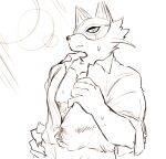 anthro bodily_fluids canid canine clothed clothing dress_shirt fox hayata_461 hi_res lifewonders line_art live_a_hero looking_at_viewer male mammal mask open_clothing open_shirt open_topwear pecs shirt sketch smile solo sweat topwear undressing vulpecula