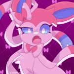1:1 2024 ambiguous_gender blue_eyes blue_inner_ear bow_(feature) bust_portrait chest_tuft colored cute_fangs digital_media_(artwork) ear_bow eeveelution eyebrows eyelashes fangs feral front_view fur generation_6_pokemon giyuyuchan hi_res kemono looking_at_viewer mammal multicolored_body multicolored_fur neck_bow nintendo no_sclera open_mouth pattern_background pink_body pink_ears pink_fur pink_tongue pokemon pokemon_(species) portrait pupils purple_background quadruped raised_eyebrow ribbons shaded simple_background sitting solo sylveon teeth tongue tuft two_tone_body two_tone_fur white_body white_fur white_pupils