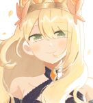  1girl bare_shoulders blonde_hair butterfly_hair_ornament celine_(fire_emblem) closed_mouth crown fire_emblem fire_emblem_engage green_eyes hair_between_eyes hair_ornament ichgomi long_hair looking_at_viewer petals smile solo upper_body white_background 