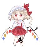  1girl bat_wings blonde_hair blood blood_on_face chibi crystal flandre_scarlet hat hat_ribbon heart heart-shaped_pupils laevatein_(touhou) mob_cap multicolored_wings one_side_up puffy_short_sleeves puffy_sleeves ramochi red_eyes red_skirt red_vest ribbon short_sleeves side_ponytail skirt skirt_set solo symbol-shaped_pupils touhou vest white_background white_hat wings 