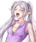  1girl absurdres breasts closed_eyes earrings elf frieren grey_hair highres jewelry long_hair nui_gurumi open_mouth pointy_ears purple_shirt saliva shirt simple_background sleeveless sleeveless_shirt small_breasts solo sousou_no_frieren tongue tongue_out twintails white_background 