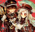  1boy 1girl black_cape black_hat black_ribbon brown_dress brown_hat candle candlestand cape closed_mouth dress fangs gakuseibou gloves hanako_(jibaku_shounen_hanako-kun) hat holding holding_candle holding_map holding_umbrella jibaku_shounen_hanako-kun juliet_sleeves long_hair long_sleeves magatama_hair_ornament map neck_ribbon official_alternate_costume open_mouth parasol peaked_cap puffy_sleeves red_background red_eyes ribbon sapphire_(nine) sidelocks simple_background smile umbrella very_long_hair white_gloves white_hair yashiro_nene yellow_eyes 