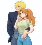  1boy 1girl arm_around_waist blonde_hair blue_eyes blue_pants blush breasts brown_hair buttons charlotte_pudding choker cigarette cleavage couple curly_eyebrows denim earrings english_commentary facial_hair green_shirt hair_over_one_eye hand_in_pocket hetero highres hug jacket jeans jewelry large_breasts lips long_hair long_sleeves looking_at_another looking_to_the_side mouth_hold necktie one_piece pants rollo_(kuyuen1) sanji_(one_piece) shirt short_hair short_sleeves smoke smoking teeth thighs third_eye trembling twintails vest white_background 
