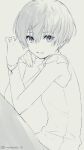  1girl armpit_peek hair_between_eyes hand_up highres looking_at_viewer natsuno_io open_mouth original short_hair sketch solo white_background 