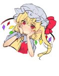  1girl ascot bat_wings blonde_hair crystal flandre_scarlet hand_on_own_face hat hat_ribbon highres mob_cap multicolored_wings one_side_up puffy_short_sleeves puffy_sleeves ramochi red_eyes red_vest ribbon short_hair short_sleeves side_ponytail solo touhou upper_body vest white_hat wings yellow_ascot 