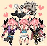  !? &gt;_&lt; 4boys arms_up astolfo_(fate) astolfo_(memories_at_trifas)_(fate) astolfo_(sparkling_frills)_(fate) belt bikini black_bow black_pants black_pantyhose black_shirt black_vest blue_belt blush_stickers boots bow braid cape catching closed_mouth cropped_jacket dress_shirt fang fate/apocrypha fate/grand_order fate_(series) footwear_bow frilled_bikini frills fur-trimmed_cape fur_trim gauntlets grey_hair grey_skirt hair_between_eyes hair_bow hair_intakes haoro happy heart heart_in_mouth jacket leg_up long_braid long_hair loving_aura male_focus midriff multicolored_hair multiple_boys multiple_persona official_alternate_costume open_mouth otoko_no_ko pants pantyhose pink_bow pink_hair pleated_skirt pom_pom_(clothes) purple_eyes purple_footwear purple_jacket red_eyes shirt short_hair sieg_(fate) signature single_braid skin_fang skirt smile spoken_interrobang streaked_hair sweatdrop swimsuit triangle_mouth two-sided_cape two-sided_fabric two-tone_hair very_long_hair vest white_cape white_footwear white_hair white_skirt yellow_background 