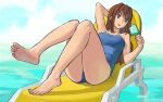  1girl aozaki_aoko aqua_eyes arm_up b_suke barefoot blue_one-piece_swimsuit breasts brown_hair chair food full_body holding holding_food holding_popsicle long_hair looking_to_the_side lounge_chair lying mahou_tsukai_no_yoru medium_breasts on_back one-piece_swimsuit outdoors parted_lips popsicle sky solo swimsuit water 