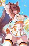  1girl absurdres animal_ears armpits ass_visible_through_thighs breasts brown_hair cheerleader confetti fox_ears fox_girl fox_tail fumi_(nijisanji) highres kitsune large_breasts long_hair looking_at_viewer midriff miniskirt murechika nijisanji pom_pom_(cheerleading) ponytail skirt solo tail thighhighs very_long_hair virtual_youtuber yellow_eyes 