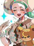  1girl apron ascot bear breasts brown_apron brown_ascot brown_skirt buttons chef_hat closed_eyes green_hair hami_(3hm6gebdf619771) hat katy_(pokemon) low_side_ponytail mole mole_on_cheek pokemon pokemon_(creature) pokemon_sv puffy_short_sleeves puffy_sleeves short_sleeves skirt teddiursa teeth upper_body upper_teeth_only waist_apron 