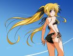  1girl achanpuni adjusting_clothes adjusting_swimsuit bikini black_bikini blonde_hair blue_sky breasts contrail fate_testarossa feet_out_of_frame from_behind hair_ribbon highres long_hair looking_at_viewer looking_back lyrical_nanoha mahou_shoujo_lyrical_nanoha red_eyes ribbon side-tie_bikini_bottom sky small_breasts solo standing swimsuit twintails 
