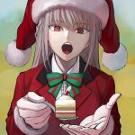  1girl b_suke bow bowtie braid cake cake_slice coat fate/grand_order fate_(series) florence_nightingale_(fate) florence_nightingale_(santa)_(fate) food fork gloves green_bow green_bowtie hat highres holding holding_fork incoming_food lapels long_hair long_sleeves looking_at_viewer open_mouth pink_hair red_coat red_eyes santa_hat solo upper_body white_gloves 