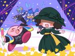 1girl ? animal_ears black_shirt blush_stickers dress elfilin green_dress green_hat hat highres holding holding_glowstick holding_microphone jester_cap kirby kirby_(series) kirby_30th_anniversary_music_festival leon0510 magolor marx_(kirby) mask meta_knight microphone mouse_ears neichel_(kirby) notched_ear open_mouth shaded_face shirt star_(symbol) 