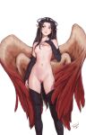  1girl arm_at_side artist_name ass_visible_through_thighs black_gloves black_hair black_thighhighs breasts bridal_gauntlets cleft_of_venus commentary elbow_gloves english_commentary feathered_wings feet_out_of_frame gloves hand_on_own_chest highres light_smile long_hair navel nipples nude original personal_ami pointy_ears pussy red_eyes signature simple_background small_breasts solo standing thighhighs uncensored white_background wings 