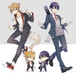  2boys bandaged_hand bandages black_jacket black_pants black_vest brown_eyes brown_hair collared_shirt double_v full_body fushimi_gaku fushimi_gaku_(1st_costume) green_eyes grey_sweater hair_between_eyes highres jacket jewelry kenmochi_touya kenmochi_touya_(1st_costume) leg_up looking_at_viewer mole mole_under_eye multiple_boys multiple_views necklace necktie nijisanji open_clothes open_jacket oshio_(dayo) pants plaid_necktie purple_hair red_necktie ring school_uniform shirt shoes sweater togabito_(nijisanji) v vest virtual_youtuber white_shirt 