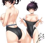  1girl ass back bare_shoulders blunt_bangs blush breasts butt_crack cleavage covering_breasts covering_privates highres kanoe_yuuko large_breasts long_hair looking_at_viewer purple_hair red_eyes school_swimsuit smile solo swimsuit tasogare_otome_x_amnesia yoo_tenchi 