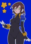 1girl absurdres aile_(mega_man_zx) black_bodysuit blue_background blue_jacket blush bodysuit bodysuit_under_clothes breasts brown_hair buzzlyears covered_collarbone covered_navel cowboy_shot cropped_jacket green_eyes highres jacket looking_at_viewer medium_breasts mega_man_(series) mega_man_zx no_pants robot_ears short_hair simple_background solo star_(symbol) w 