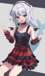  1girl 3xens alternate_costume arm_warmers black_camisole black_hairband blue_hair blurry blurry_background camisole choppy_bangs commentary_request demon_wings depth_of_field double_v fake_horns fangs fins fish_tail frilled_skirt frills gawr_gura grey_hair hairband heart heart_necklace highres hololive hololive_english horn_hairband horns jewelry long_hair looking_at_viewer miniskirt multicolored_hair necklace open_mouth plaid plaid_skirt punk raglan_sleeves shark_tail simple_background sitting skirt solo streaked_hair tail two_side_up v virtual_youtuber wings 