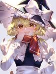  1girl blonde_hair blush bow capelet commentary_request falling_leaves hat hat_bow highres kirisame_marisa leaf long_hair long_sleeves looking_at_viewer open_mouth orange_eyes perfect_cherry_blossom rakugakiman2222 red_scarf scarf smile solo touhou white_bow white_capelet witch_hat 