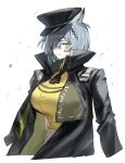  1girl animal_ears arknights black_coat black_hat breasts cat_ears coat commentary delphine_(arknights) grey_hair hat highres horn/wood large_breasts looking_at_viewer open_clothes open_coat peaked_cap shirt short_hair simple_background solo symbol-only_commentary upper_body white_background yellow_eyes yellow_shirt 
