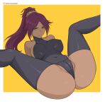  ass black_hair black_thighhighs bleach breasts dark-skinned_female dark_skin domai_(dial_kasper) highres large_breasts looking_at_viewer mature_female shihouin_yoruichi tan thighhighs 