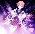  1boy black_gloves black_shorts black_vest black_wings capelet closed_mouth cowboy_shot finnick_(forever_7th_capital) forever_7th_capital galaxy gloves looking_at_viewer pink_hair purple_eyes sapphire_(nine) shorts smile socks solo vest white_capelet white_socks wings 