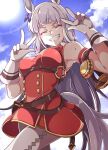  1girl animal_ears armpits backlighting bare_shoulders bow breasts chest_harness closed_eyes day double_v dress ear_bow facing_viewer gloves gokuu_(acoloredpencil) gold_ship_(umamusume) grey_hair grin hands_up harness highres horse_ears horse_girl horse_tail lens_flare long_hair medium_breasts outdoors pantyhose pouch shirt short_dress sky sleeveless sleeveless_shirt smile solo sun sunlight sweat tail umamusume underbust unworn_headwear v v-shaped_eyebrows very_long_hair white_pantyhose 