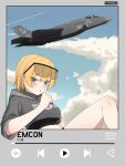  1girl 1other aircraft airplane artist_name atamonica black_sports_bra blonde_hair blue_eyes blue_sky blush border bra breasts canopy_(aircraft) center-flap_bangs character_name cloud collared_shirt cropped_hoodie f-35_lightning_ii fighter_jet finger_to_mouth glasses goggles grey_border grey_hood grey_hoodie highres hood hoodie index_finger_raised jet large_breasts leaning_back lockheed_martin looking_at_viewer media_player_interface midriff military military_vehicle open_mouth original personification play_button roundel safety_glasses scenery shirt short_hair short_sleeves shushing sitting sky solo_focus sports_bra thighs through_medium underwear united_states_air_force vehicle_and_personification 