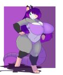 2023 american_opossum anthro barefoot big_breasts breasts clothing feet female green_eyes horn looking_back mammal marsupial navel on_one_leg purple_background robertge simple_background solo standing tail underwear wide_hips