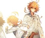  2boys 2girls age_progression antenna_hair boots brown_footwear dress emma_(yakusoku_no_neverland) green_eyes jacket jewelry multiple_boys multiple_girls neck_ribbon necklace norman_(yakusoku_no_neverland) orange_hair ray_(yakusoku_no_neverland) ribbon running sapphire_(nine) simple_background skirt upper_body white_background white_dress white_jacket white_ribbon white_skirt yakusoku_no_neverland 