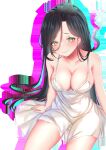  1girl algorhythm_project bare_legs black_hair breasts commission dress evalia_(algorhythm_project) green_eyes green_hair highres hitodama jewelry long_hair medium_breasts multicolored_hair naimeow second-party_source smile solo thai_commentary very_long_hair virtual_youtuber white_dress 