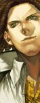  1boy beard_stubble black_coat brown_hair buttons coat coat_on_shoulders collared_jacket commentary_request danganronpa:_trigger_happy_havoc danganronpa_(series) dreadlocks eyelashes facial_hair green_eyes hagakure_yasuhiro high_collar irohara_mitabi jacket light_smile lips long_hair looking_at_viewer male_focus open_clothes open_jacket parted_lips shirt simple_background solo stubble upper_body white_background white_jacket yellow_shirt 
