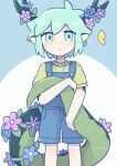  1boy blue_overalls blush dragon_boy dragon_ears dragon_horns dragon_tail green_eyes green_hair green_shirt highres horns kemonomimi_mode looking_at_viewer omori overall_shorts overalls parted_lips pointy_ears shirt short_hair short_sleeves solo sr_ld_fr tail 