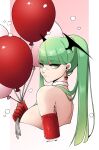  1girl balloon bare_shoulders blunt_bangs breasts earrings elbow_gloves gloves green_eyes green_hair head_wings high_ponytail highres holding holding_balloon jewelry large_breasts morrigan_aensland red_gloves shinibun solo twitter_username vampire_(game) wings 