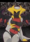  ;d anthro anthrofied aura black_sclera breasts claws female giratina legendary_pok&#233;mon looking_at_viewer navel nintendo nipples nude one_eye_closed pok&#233;mon pokemon red_eyes sitting solo three-dog video_games wings 
