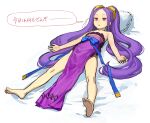  1girl b_suke barefoot chinese_clothes dress fate/grand_order fate_(series) flat_chest full_body hair_spread_out highres jitome long_hair lying on_back parted_lips pink_eyes purple_dress purple_hair solo speech_bubble translation_request very_long_hair white_background wu_zetian_(fate) 