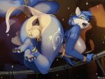 anthro anus balls big_balls big_breasts blue_body blue_fur blue_hair breasts butt canid canine female fur genitals gynomorph hair hi_res intersex krystal_(star_fox) magnetus mammal nintendo nipples rear_view solo star_fox tail white_body white_fur