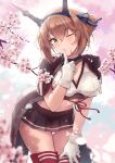  1girl absurdres black_skirt blush breasts brown_hair capelet cherry_blossoms cleavage collar crescent crescent_pin day flipped_hair gloves green_eyes hairband headgear highres k_jie kantai_collection large_breasts looking_at_viewer metal_collar midriff mutsu_(kancolle) mutsu_kai_ni_(kancolle) one_eye_closed outdoors petals pleated_skirt radio_antenna red_thighhighs sakuramon short_hair skirt smile solo striped_clothes striped_skirt thighhighs white_gloves 