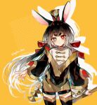  1girl animal_ears black_coat black_eyes black_hair black_thighhighs bow bright_pupils buttons closed_mouth coat commentary cowboy_shot gold_trim hair_bow hat heterochromia korean_commentary long_hair long_sleeves looking_at_viewer lord_of_heroes low_twintails mei_ling_qiao mei_ling_qiao_(fire) rabbit_ears red_bow red_eyes sapphire_(nine) shirt short_eyebrows solo thighhighs twintails very_long_hair white_pupils white_shirt 