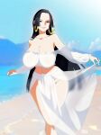  1girl absurdres beach black_hair blue_eyes boa_hancock breasts day earrings highres huge_breasts jewelry long_hair midriff ocean one_piece outdoors r3dfive sand skirt snake_earrings solo white_skirt 