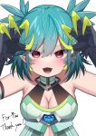  1girl absurdres bare_shoulders black_feathers blue_hair blush breasts claws cleavage colored_inner_hair commentary_request commission feathers green_hair grgrorrr hair_between_eyes highres indie_virtual_youtuber lincoro medium_breasts monster_girl multicolored_hair official_alternate_costume open_mouth pointy_ears red_eyes short_hair short_twintails skeb_commission solo thank_you twintails virtual_youtuber winged_arms wings 