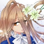  1girl blue_capelet bow brown_eyes brown_hair capelet commentary_request diam-stone flower hair_between_eyes holding lips long_hair looking_at_viewer lowres prehensile_hair sense_(sousou_no_frieren) simple_background solo sousou_no_frieren white_background white_bow white_flower 
