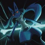  absurdres aura blue_fur dark_background dog feet_out_of_frame furry glowing glowing_eyes highres holding holding_polearm holding_weapon lucario no_humans pokemon pokemon_(creature) polearm red_eyes riotono_0643 solo spikes weapon 